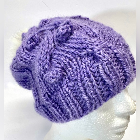 HAND Knit Hand Dyed 100%Baby Alpaca Ladies Cabled and Bobble Slouchy Beanie Hat